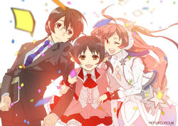 Rule 34 | 1boy, 2girls, ahoge, anniversary, artist name, black eyes, black hair, blue neckwear, blurry, blurry background, blurry foreground, brown hair, commentary, company connection, confetti, depth of field, earmuffs, formal, frilled skirt, frills, glasses, hiyama kiyoteru, holding, holding own arm, holding notebook, jacket, kaai yuki, layered skirt, leaning back, leaning forward, looking at viewer, mouri, multiple girls, necktie, notebook, one eye closed, open mouth, pink eyes, pink hair, plaid, plaid skirt, red jacket, red skirt, sf-a2 miki, shirt, short hair, skirt, smile, star (symbol), straight hair, suit, suit jacket, twintails, upper body, vocaloid, white background, white jacket, white shirt, wrist cuffs