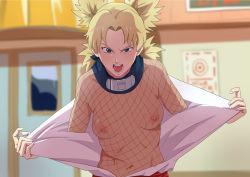 Rule 34 | 1girl, angry, blonde hair, blurry, blurry background, breasts, clothes pull, fishnet top, fishnets, green eyes, hair intakes, jacket, medium breasts, naruto, naruto (series), navel, nipples, open clothes, open jacket, open mouth, parted bangs, pulling own clothes, quad tails, see-through, see-through shirt, shirt, short hair, small breasts, sunagakure symbol, tagme, teeth, temari (naruto), tongue, undressing, vyzov tv