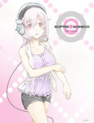 Rule 34 | 1girl, bare shoulders, blush, breasts, female focus, gradient background, halftone, halftone background, headphones, jeren, large breasts, long hair, looking at viewer, nitroplus, open mouth, pink eyes, pink hair, short shorts, shorts, sleeveless, solo, super sonico