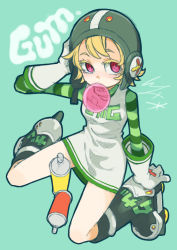 Rule 34 | 1girl, aqua background, black footwear, blonde hair, breasts, blowing bubbles, character name, chewing gum, colored eyelashes, dress, empty eyes, eyebrows, full body, gloves, gum (jsr), hand on own head, hand up, helmet, io naomichi, jet set radio, legs apart, pink eyes, raglan sleeves, ringed eyes, roller skates, short dress, short hair, simple background, skates, small breasts, solo, spray can, striped, striped sleeves, white gloves