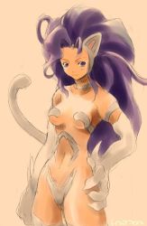 Rule 34 | 1girl, :3, animal ears, animal hands, big hair, blue hair, breasts, capcom, cat ears, cat tail, claws, felicia (vampire), fur, hand on own hip, harada (artist), hip focus, long hair, simple background, small breasts, smile, solo, tail, vampire (game)