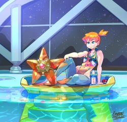 Rule 34 | 1girl, absurdres, barefoot, bottle, covered navel, creatures (company), crystalcheese (artist), game freak, gen 1 pokemon, grein, highres, misty (pokemon), night, night sky, nintendo, pokemon, pokemon (creature), pokemon rgby, pool, poolside, sitting, sky, smug, solo, star (sky), staryu, tagme, water