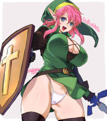 Rule 34 | 1girl, belt, black gloves, black thighhighs, blue eyes, breasts, character name, cleavage, clothes lift, commentary request, cowboy shot, dated, freckles, genderswap, genderswap (mtf), gloves, gluteal fold, green hat, grey background, hair between eyes, hat, highres, large breasts, link, link (shounen captain), long hair, long sleeves, looking at viewer, master sword, miniskirt, nintendo, open mouth, panties, pink hair, pointy ears, shield, simple background, skirt, smile, solo, the legend of zelda, thighhighs, thighs, tunic, underwear, white panties, yajiro masaru