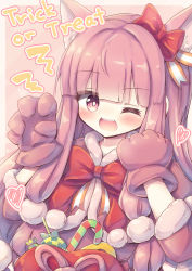 Rule 34 | 1girl, ;d, absurdres, animal ear fluff, animal ears, bad id, bad pixiv id, blush, bow, candy, candy cane, candy wrapper, capelet, claw pose, commentary request, fang, food, fur-trimmed capelet, fur trim, gloves, hair bow, halloween, hands up, heart, highres, kemonomimi mode, kotonoha akane, lollipop, long hair, one eye closed, open mouth, pink capelet, pink gloves, pink hair, puffy short sleeves, puffy sleeves, red bow, red eyes, short sleeves, smile, solo, swirl lollipop, trick or treat, very long hair, voiceroid, waste (arkaura)