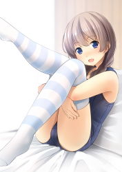 Rule 34 | 1girl, bed, blue eyes, blue one-piece swimsuit, brown hair, commentary request, hair over shoulder, highres, hugging own legs, looking at viewer, low twintails, old school swimsuit, one-piece swimsuit, original, pillow, school swimsuit, shibacha, sitting, solo, striped clothes, striped thighhighs, swimsuit, thighhighs, twintails