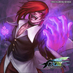 Rule 34 | 1boy, blouse, choker, collared shirt, copyright name, dress shirt, fire, glowing, hair over one eye, male focus, open mouth, pectoral cleavage, pectorals, purple fire, pyrokinesis, red eyes, red hair, richard suwono, shirt, solo, the king of fighters, white shirt, yagami iori