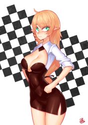 Rule 34 | 1girl, 3gs, bad id, bad pixiv id, blonde hair, breasts, checkered background, elsword, green eyes, highres, large breasts, long hair, pointy ears, rena erindel, signature, solo, sweatdrop