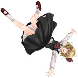 Rule 34 | 1girl, ahoge, ascot, bad id, bad pixiv id, blonde hair, embodiment of scarlet devil, female focus, full body, hair ribbon, mary janes, open mouth, outstretched arms, red eyes, ribbon, rumia, shoes, short hair, simple background, skirt, skirt set, smile, socks, solo, spread arms, touhou, tsukishiro saika, upside-down, white background, white socks