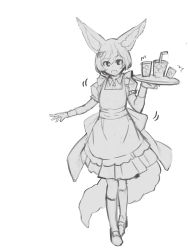 Rule 34 | 1girl, animal ear fluff, animal ears, apron, bendy straw, collared shirt, commentary request, cup, dress shirt, drinking glass, drinking straw, flower, fox ears, fox girl, fox tail, full body, greyscale, hair flower, hair ornament, hairclip, highres, holding, holding tray, ice, ice cube, monochrome, original, pleated skirt, puffy short sleeves, puffy sleeves, shirt, shoes, short sleeves, simple background, skirt, socks, solo, standing, tail, tray, white background, wrist cuffs, yuuji (yukimimi)
