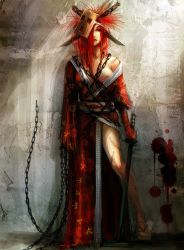 Rule 34 | 1girl, alonso512, areola slip, blood, breasts, chain, katana, mask, medium breasts, nipple slip, nipples, original, red eyes, red hair, scar, solo, stein, stitches, sword, wall, weapon