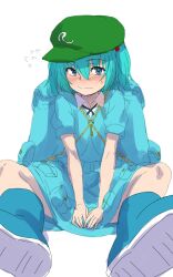 Rule 34 | 1girl, blue eyes, blue footwear, blue skirt, blush, boots, closed mouth, commentary request, flat cap, flying sweatdrops, hair bobbles, hair ornament, hat, highres, kakone, kawashiro nitori, key, looking at viewer, one-hour drawing challenge, pocket, rubber boots, short sleeves, simple background, sitting, skirt, solo, touhou, two side up, white background