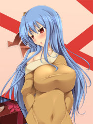 Rule 34 | 1girl, blue hair, blush, breasts, covered erect nipples, fct, gift, huge breasts, impossible clothes, impossible shirt, long hair, red eyes, rocbouquet, rocbouquet (saga), romancing saga, romancing saga 2, saga, sara da pranzo, sdp, shirt, solo
