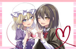 Rule 34 | 2girls, ;d, absurdres, black capelet, blonde hair, blue eyes, border, bow, bowtie, bright pupils, brown eyes, brown hair, capelet, commentary request, hat, heart, heart hands, highres, juliet sleeves, kinese (katasutorohu), long sleeves, looking at viewer, maribel hearn, mob cap, multiple girls, one eye closed, open mouth, pink border, puffy sleeves, red bow, red bowtie, short hair, smile, touhou, upper body, usami renko, white background, white headwear, white pupils