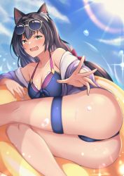 Rule 34 | 1girl, absurdres, animal ear fluff, animal ears, ass, bare legs, bikini, black bikini, black hair, blue sky, blush, breasts, cat ears, cat girl, cat tail, cleavage, closed mouth, collarbone, day, eyewear on head, fang, green eyes, halterneck, highres, innertube, jacket, karyl (princess connect!), karyl (summer) (princess connect!), long hair, looking at viewer, lying, medium breasts, mr2d, multicolored hair, on side, open mouth, outstretched arm, princess connect!, purple jacket, sky, solo, streaked hair, sun, sunlight, swept bangs, swim ring, swimsuit, tail, thigh strap, thighs, very long hair, water, wavy mouth, wet, white-framed eyewear, white hair