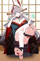 1girl absurdres barefoot breasts cleavage crossed_legs feet green_eyes grey_hair highres japanese_clothes licking_foot long_hair looking_at_viewer onmyoji soles toes ukiyo_aoandon_(onmyoji) wl217_(nicexa111)