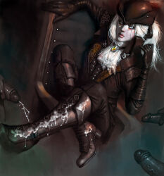 Rule 34 | 1girl, 3boys, bloodborne, bootjob, boots, chair, chris3000, coat, cum, cum on body, cum on boots, cum on feet, cum on shoes, gloves, group masturbation, group sex, hat, highres, lady maria of the astral clocktower, long hair, male masturbation, masturbation, multiple boys, on chair, penis, shoejob, sitting, surrounded by penises, uncensored