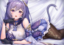 Rule 34 | 1girl, bare shoulders, black pantyhose, blush, breasts, cat tail, cone hair bun, detached sleeves, dress, frills, genshin impact, gloves, hair bun, hair ornament, keqing (genshin impact), long hair, looking at viewer, lying, medium breasts, on stomach, open mouth, pantyhose, purple eyes, purple hair, skirt, solo, tail, thighs, twintails, wing collar, xfate