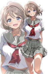 Rule 34 | 1girl, :d, blue eyes, blush, breasts, brown hair, collarbone, grey sailor collar, grey skirt, highres, looking at viewer, love live!, love live! sunshine!!, midriff, necktie, open mouth, sailor collar, school uniform, serafuku, short hair, simple background, skirt, smile, solo, thighs, watanabe you, wavy hair, zaofeng
