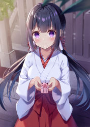 Rule 34 | 1girl, black hair, blurry, blurry background, blurry foreground, blush, breasts, closed mouth, commentary request, depth of field, hair ribbon, hakama, hakama skirt, highres, holding, japanese clothes, kimono, kisaragi yuri, long hair, long sleeves, looking at viewer, low twintails, medium breasts, miko, omamori, original, purple eyes, red hakama, red ribbon, ribbon, sidelocks, skirt, smile, solo, twintails, very long hair, white kimono, wide sleeves