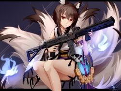 Rule 34 | 1girl, animal ears, blue fire, brown eyes, brown hair, detached sleeves, fire, fox ears, fox tail, full body, girls&#039; frontline, gun, highres, japanese clothes, legs together, magpule, multiple tails, official alternate costume, skull, smg, smile, solo, submachine gun, tail, type 79 (girls&#039; frontline), type 79 (nine-tail fox) (girls&#039; frontline), type 79 smg, vectorek, weapon, wolf ears, wolf tail