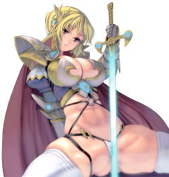 Rule 34 | 1girl, arm support, armor, blonde hair, breasts, brown eyes, cape, cleavage, curvy, female knight, head tilt, highres, knight, kouno (masao), looking at viewer, original, revision, short hair, simple background, sitting, solo, spread legs, sword, thick thighs, thighhighs, thighs, weapon, white background, white thighhighs