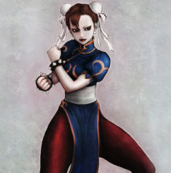 Rule 34 | 1girl, bad id, bad pixiv id, bracelet, brown eyes, brown hair, bun cover, capcom, china dress, chinese clothes, chun-li, double bun, dress, jewelry, marimo (pixiv 516046), pale skin, pantyhose, pelvic curtain, solo, spiked bracelet, spikes, street fighter