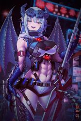 Rule 34 | 1girl, :d, abs, absurdres, arm pouch, belt, belt pouch, blue eyes, blue hair, breasts, claws, commission, dragon girl, dragon horns, dragon wings, fewer digits, half-closed eyes, highres, horns, large breasts, long hair, looking at viewer, muscular, muscular female, navel, open mouth, original, pouch, scales, sharp teeth, short shorts, shorts, smile, teeth, upper teeth only, wings, zhvo