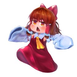 Rule 34 | 1girl, blush, bow, brown eyes, brown hair, commentary request, cookie (touhou), detached sleeves, dress, frilled hair tubes, frills, full body, hair between eyes, hair bow, hair tubes, hakurei reimu, looking at viewer, medium hair, necktie, open mouth, psychic parrot, red bow, red dress, ribbon-trimmed sleeves, ribbon trim, sakenomi (cookie), simple background, sleeves past wrists, solo, touhou, transparent background, triangle mouth, white sleeves, yellow necktie
