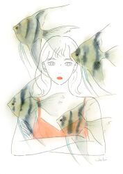 Rule 34 | 1girl, camisole, fish request, medium hair, original, parted lips, red camisole, signature, solo, transparent fish, upper body, ushikubo masami, white background, white hair