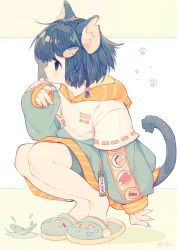 Rule 34 | 1girl, absurdres, amakawa tamawo, animal ears, black hair, blue eyes, blush, cat ears, cat girl, fish, from side, green footwear, green sweater, hair ornament, highres, hood, hood down, licking, long sleeves, looking away, original, paw print, short hair, simple background, slippers, solo, squatting, sweater, tongue, tongue out, two-tone sweater, white background, white sweater