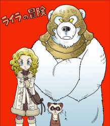Rule 34 | 1girl, angry, animal, bad id, bad pixiv id, bear, blonde hair, blue eyes, copyright name, crossed arms, frown, helmet, his dark materials, iorek byrnison, looking at viewer, lyra belacqua, pantalaimon, red background, the golden compass, toriyama akira (style), wantaro
