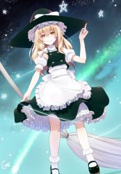 Rule 34 | 1girl, apron, arm up, artist name, blonde hair, bow, broom, crote, dutch angle, frills, gradient background, hair bow, hair ornament, hat, hat ribbon, kirisame marisa, long hair, looking at viewer, mary janes, puffy sleeves, ribbon, shirt, shoes, short sleeves, skirt, skirt set, smile, socks, solo, star (symbol), touhou, turtleneck, vest, waist apron, white socks, witch hat, yellow eyes
