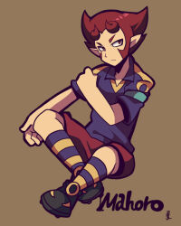 Rule 34 | 1boy, black footwear, brown background, cleats, closed mouth, full body, inazuma eleven (series), inazuma eleven go, invisible floor, kotorai, mahoro tadashi, male focus, purple shirt, red eyes, red hair, red shorts, shirt, short hair, shorts, signature, sitting, socks, solo, striped clothes, striped socks