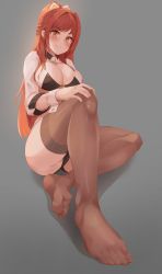 Rule 34 | 1girl, absurdres, blush, breasts, feet, female focus, hand on own knee, highres, large breasts, long hair, looking at viewer, no shoes, panties, ponytail, red hair, see-through, see-through legwear, smile, toes, underwear, yellow eyes