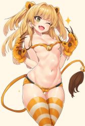 Rule 34 | 10s, 1girl, ;d, animal ears, animal hands, bad id, bad pixiv id, beige background, bell, blonde hair, breasts, bright pupils, claws, cleavage, cowboy shot, earrings, fang, gloves, green eyes, idolmaster, idolmaster cinderella girls, jewelry, jingle bell, jougasaki rika, long hair, midriff, mx2j, navel, one eye closed, open mouth, paw gloves, simple background, small breasts, smile, solo, stomach, strap slip, strapless, striped clothes, striped thighhighs, stud earrings, tail, tail bell, tail ornament, thigh gap, thighhighs, thighs, tube top, two side up, white pupils