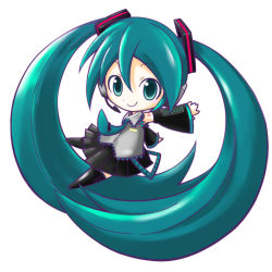 Rule 34 | 1girl, aqua hair, aqua necktie, bad id, bad pixiv id, black skirt, black thighhighs, canamono, chibi, detached sleeves, green eyes, hatsune miku, highres, long hair, looking at viewer, necktie, pleated skirt, simple background, skirt, smile, solo, thighhighs, twintails, very long hair, vocaloid, white background