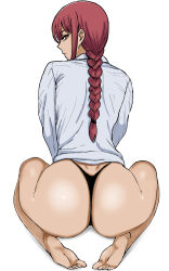 Rule 34 | absurdres, ass, barefoot, black panties, braid, chainsaw man, closed mouth, from behind, guhanshounen, highres, looking at viewer, looking back, makima (chainsaw man), orange eyes, panties, red hair, seiza, shirt, sideways glance, simple background, single braid, sitting, soles, thong, toes, underwear, white background, white shirt