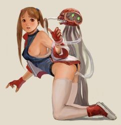 Rule 34 | 1girl, bent over, blush, breast slip, breasts, brown eyes, dig dug, fingerless gloves, gloves, grabbing another&#039;s hair, hetagaki, jacket, kneeling, leotard, looking at viewer, looking back, monster, namco, nipples, numan athletics, object insertion, one breast out, restrained, sharon (numan athletics), shoes, simple background, sneakers, tentacles, thighhighs, twintails, vaginal, vaginal object insertion, white thighhighs