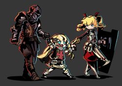 Rule 34 | 1boy, 2girls, armor, armored boots, armored gloves, belt, belt buckle, blonde hair, blue eyes, blush, boots, buckle, cape, chromatic aberration, crossover, crusader (darkest dungeon), darkest dungeon, family, father and daughter, fortress (sekaiju), full armor, full body, gloves, grey background, holding hands, helmet, long hair, mistover, mother and daughter, multiple girls, paladin (mistover), pelvic curtain, pouch, ribbon, richard catoto, etrian odyssey, sekaiju no meikyuu 4, shield, simple background, smile, tabard, twintails