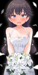Rule 34 | 1girl, bare shoulders, black background, black hair, blue eyes, blurry, blush, bouquet, braid, breasts, cleavage, collarbone, cowboy shot, depth of field, dress, earrings, flower, flower earrings, haruki reimari, holding, holding bouquet, jewelry, lily (flower), looking at viewer, low twin braids, medium breasts, nervous, open mouth, original, outer glow, petals, solo, straight-on, twin braids, white dress, white flower