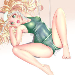 Rule 34 | 1girl, arched back, arm up, armpits, barefoot, blonde hair, breasts, covered navel, crotch, dutch angle, eyelashes, feet, fire emblem, fire emblem awakening, from above, gradient background, green eyes, green one-piece swimsuit, harihisa, headdress, lissa (fire emblem), long hair, long legs, lotion, lying, messy, nintendo, on back, one-piece swimsuit, open mouth, partially visible vulva, school swimsuit, sexually suggestive, shadow, shiny clothes, small breasts, solo, spread legs, swimsuit, twintails, wavy hair, wide hips