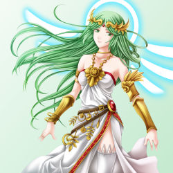 Rule 34 | 1girl, breasts, circlet, crown, female focus, gradient background, green eyes, green hair, highres, jewelry, kid icarus, long hair, lots of jewelry, matching hair/eyes, necklace, nintendo, palutena, solo, tamamon, thighhighs