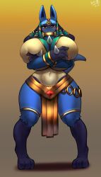 Rule 34 | 1girl, absurdres, areola slip, blush, breasts, covering nipples, covering privates, creatures (company), egyptian clothes, female focus, full body, furry, furry female, game freak, gen 4 pokemon, gipehtyboo, highres, huge breasts, looking at viewer, lucario, lucario (ruins), nintendo, nipple slip, nipples, pokemon, pokemon (creature), pokemon unite, solo, thick thighs, thighs