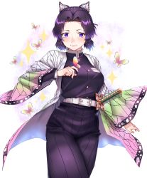 Rule 34 | 1girl, absurdres, animal, belt, belt buckle, black pants, black shirt, blouse, breast pocket, breasts, buckle, bug, butterfly, butterfly hair ornament, buttons, closed mouth, hair ornament, hand up, haori, highres, insect, japanese clothes, katana, kimetsu no yaiba, kochou shinobu, large breasts, long sleeves, medium breasts, open clothes, pants, pocket, purple eyes, purple hair, sheath, sheathed, shirt, short hair, solo, standing, sword, uniform, weapon, white background, white belt, wide sleeves, yakimi 27