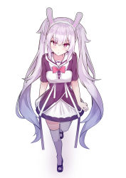 Rule 34 | 1girl, absurdres, alternate costume, azur lane, black footwear, chinese commentary, commentary request, dress, from above, full body, highres, laffey (azur lane), long hair, looking at viewer, mary janes, nagisa (cxcx5235), purple eyes, sailor collar, shoes, short sleeves, sidelocks, silver hair, simple background, skirt, solo, thighhighs, twintails, very long hair, walking, white background, white thighhighs