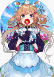 Rule 34 | 1girl, animal ears, black gloves, blue bow, blue eyes, blue sky, bow, brown hair, cloud, commentary request, covered mouth, day, eli conifer, flower, flower over mouth, gloves, highres, holding, holding flower, long hair, long sleeves, looking at viewer, low twintails, mugcup, nijisanji, pink flower, purple flower, red flower, shirt, skirt, sky, solo, twintails, two side up, very long hair, virtual youtuber, white flower, white shirt, white skirt