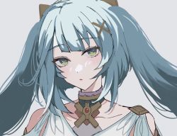 Rule 34 | 1girl, aqua hair, bare shoulders, blunt bangs, bracelet, cowlick, dress, faruzan (genshin impact), genshin impact, green eyes, hair between eyes, hair ornament, highres, hoshino 57, jewelry, long hair, looking at viewer, short sleeves, solo, symbol-shaped pupils, triangle-shaped pupils, twintails, upper body, white dress, x hair ornament