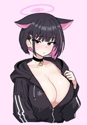Rule 34 | 1girl, animal ears, black choker, black hair, black jacket, blue archive, blush, breasts, cat choker, cat ears, choker, cocktiel77, colored inner animal ears, colored inner hair, extra ears, hair ornament, hairclip, halo, hood, hooded jacket, jacket, kazusa (blue archive), large breasts, long sleeves, looking at viewer, multicolored hair, no bra, partially unzipped, pink hair, pink halo, red eyes, short hair, solo, two-tone hair