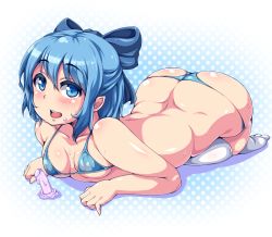 Rule 34 | 1girl, ass, bad id, bad pixiv id, blue eyes, blue hair, blush, bow, breasts, butt crack, cirno, flat chest, food, hair bow, looking at viewer, lying, matching hair/eyes, melting, moisture (chichi), on stomach, plump, popsicle, short hair, small breasts, smile, solo, thighhighs, touhou, white thighhighs