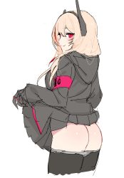 Rule 34 | 1girl, armband, ass, black jacket, black legwear, closed mouth, clothes lift, cropped legs, girls&#039; frontline, headgear, highres, jacket, lifted by self, light brown hair, long hair, long sleeves, looking at viewer, m4 sopmod ii (girls&#039; frontline), multicolored hair, ndgd, red eyes, red hair, simple background, skirt, skirt lift, solo, streaked hair, white background